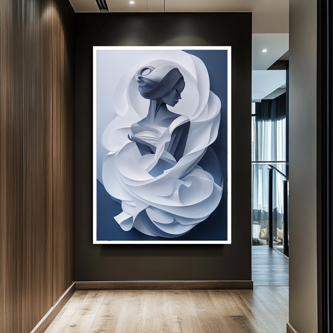 Abstract White Blue Woman Flowing Fabric Minimalist Elegant Art Wall Poster - Image 2