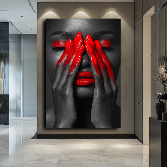 Bold Woman With Red Makeup Striking Female Portrait Art Dramatic Red Beauty Wall Decor