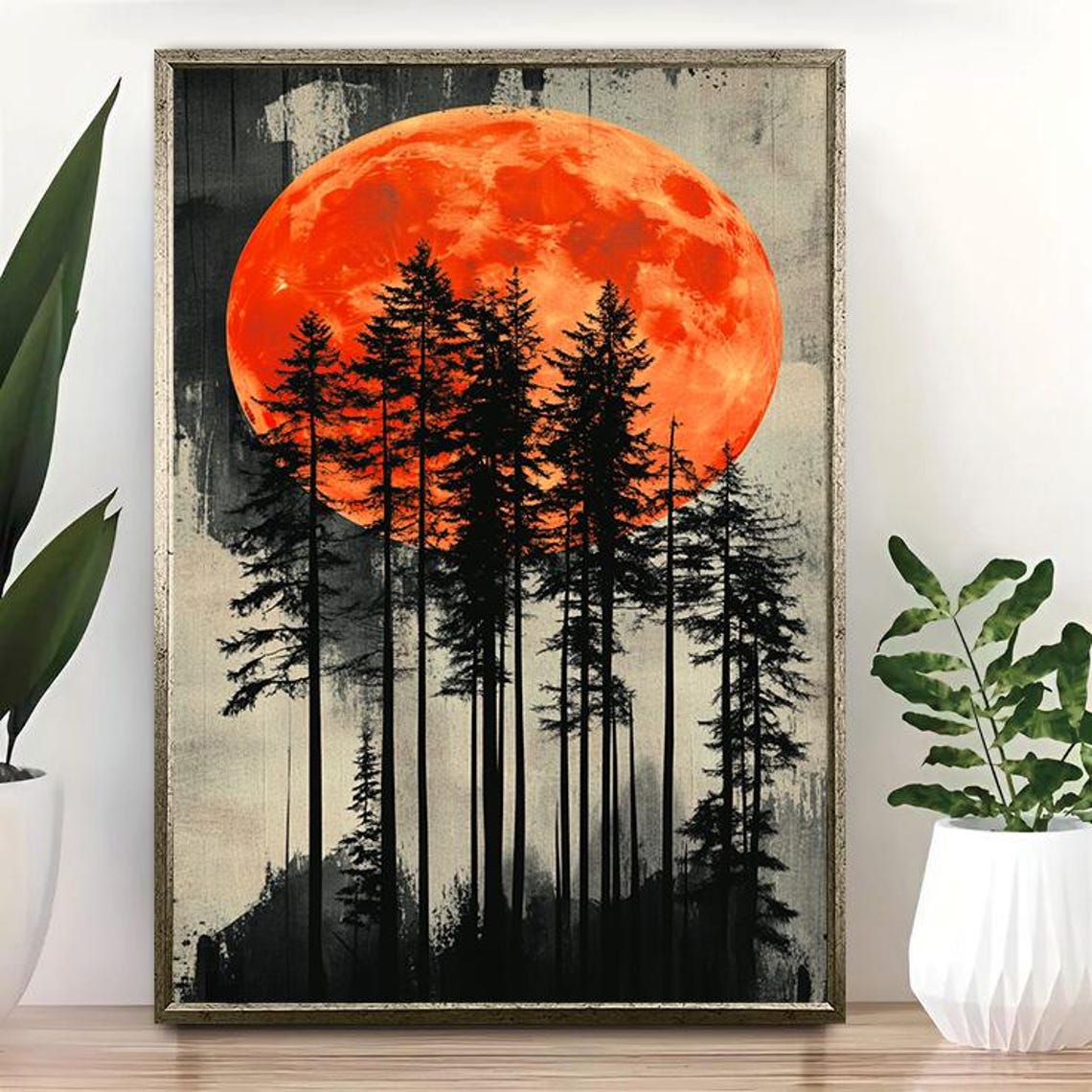 Red Blood Moon Rising Over Pine Forest Silhouette Night Sky Art Poster - Image 3