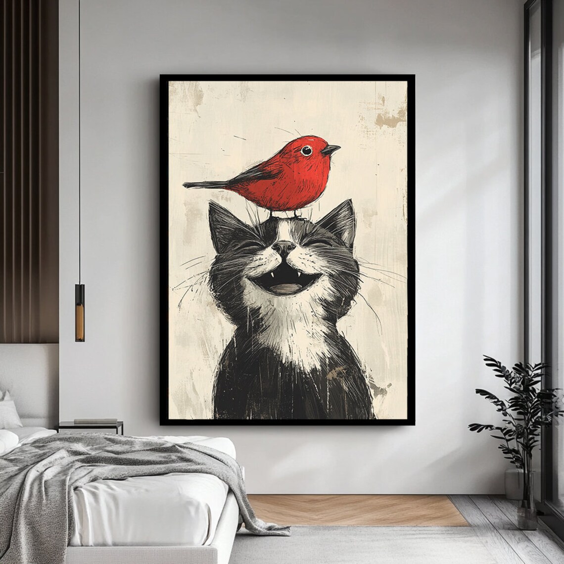 Grinning Black Cat With Red Bird On Head Whimsical Distressed Art Poster - Image 4