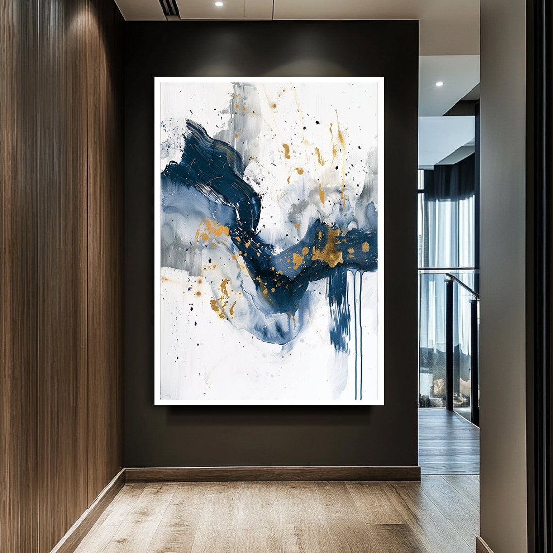 Navy Blue Gold Watercolor Abstract Fluid Ink Modern Art Poster - Image 2