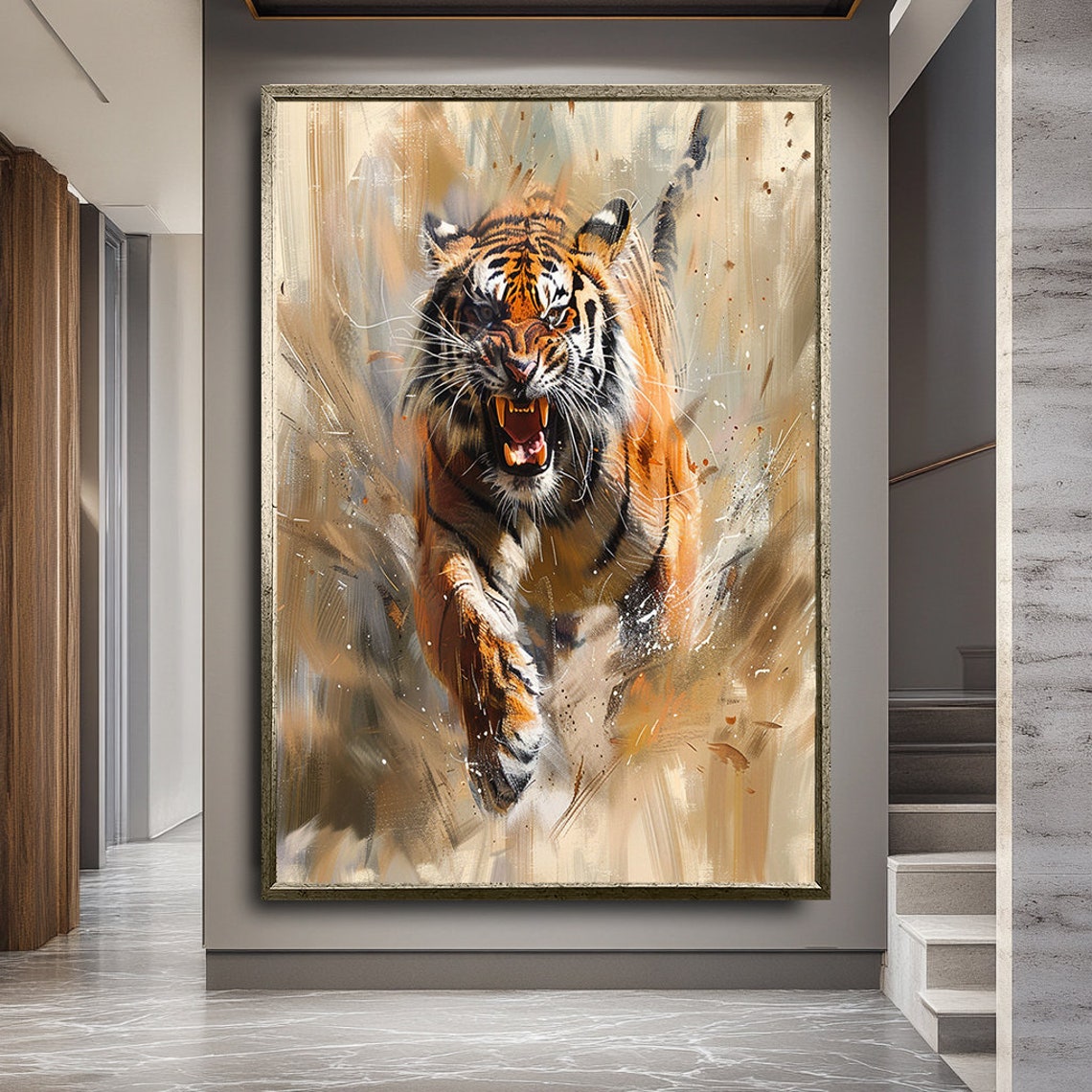Fierce Snarling Tiger Charging Powerful Wildlife Action Art Poster - Image 3