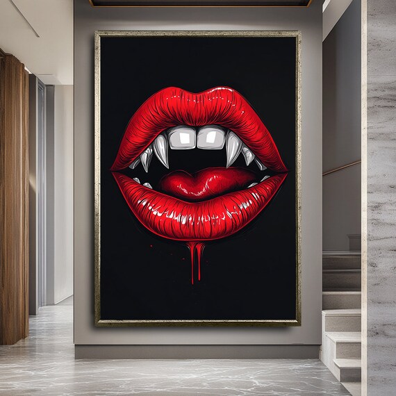 Vampire Red Lips Fangs Gothic Dark Horror Halloween Art Poster