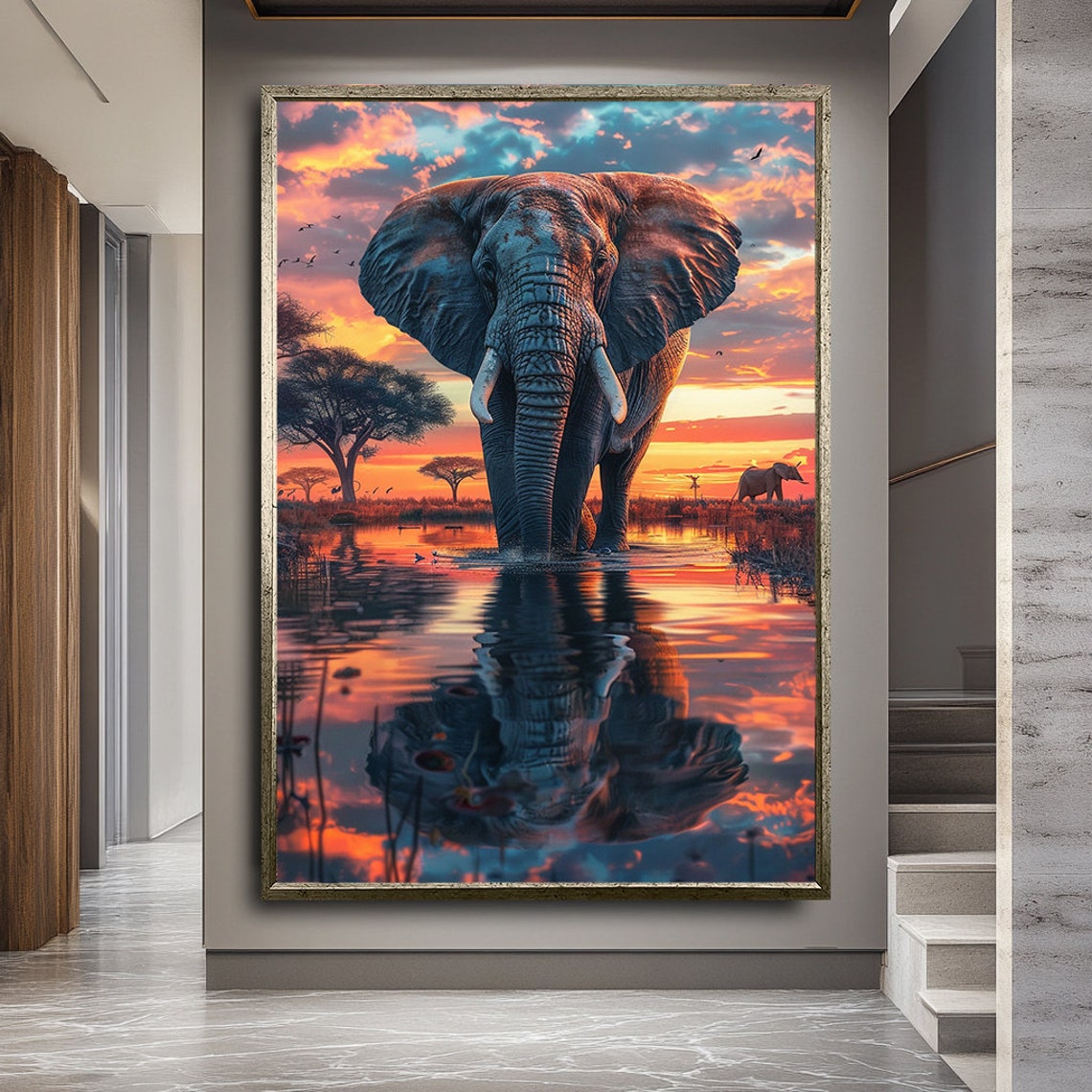 Elephant Sunset Waterhole Reflection Dramatic African Safari Poster