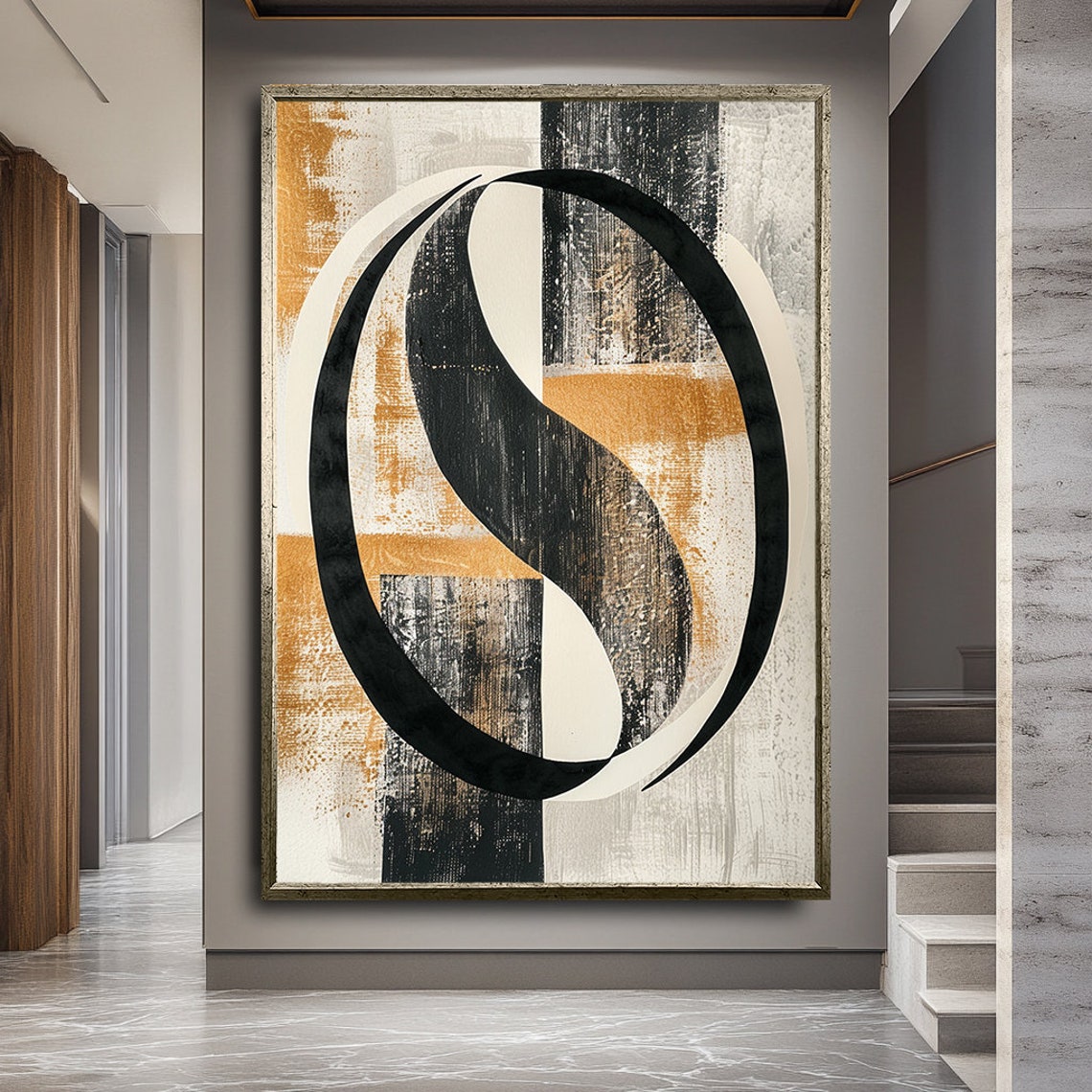 Black And Gold Interlocked Curves Abstract Brushstroke Wall Art - Image 2