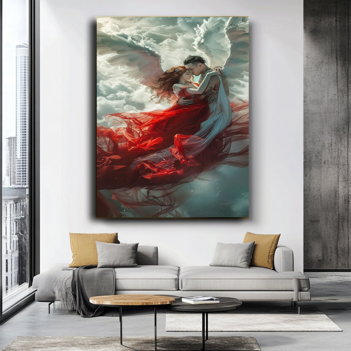 Angel Couple Embracing Among Clouds Romantic Fantasy Wings Love Art Poster - Image 3