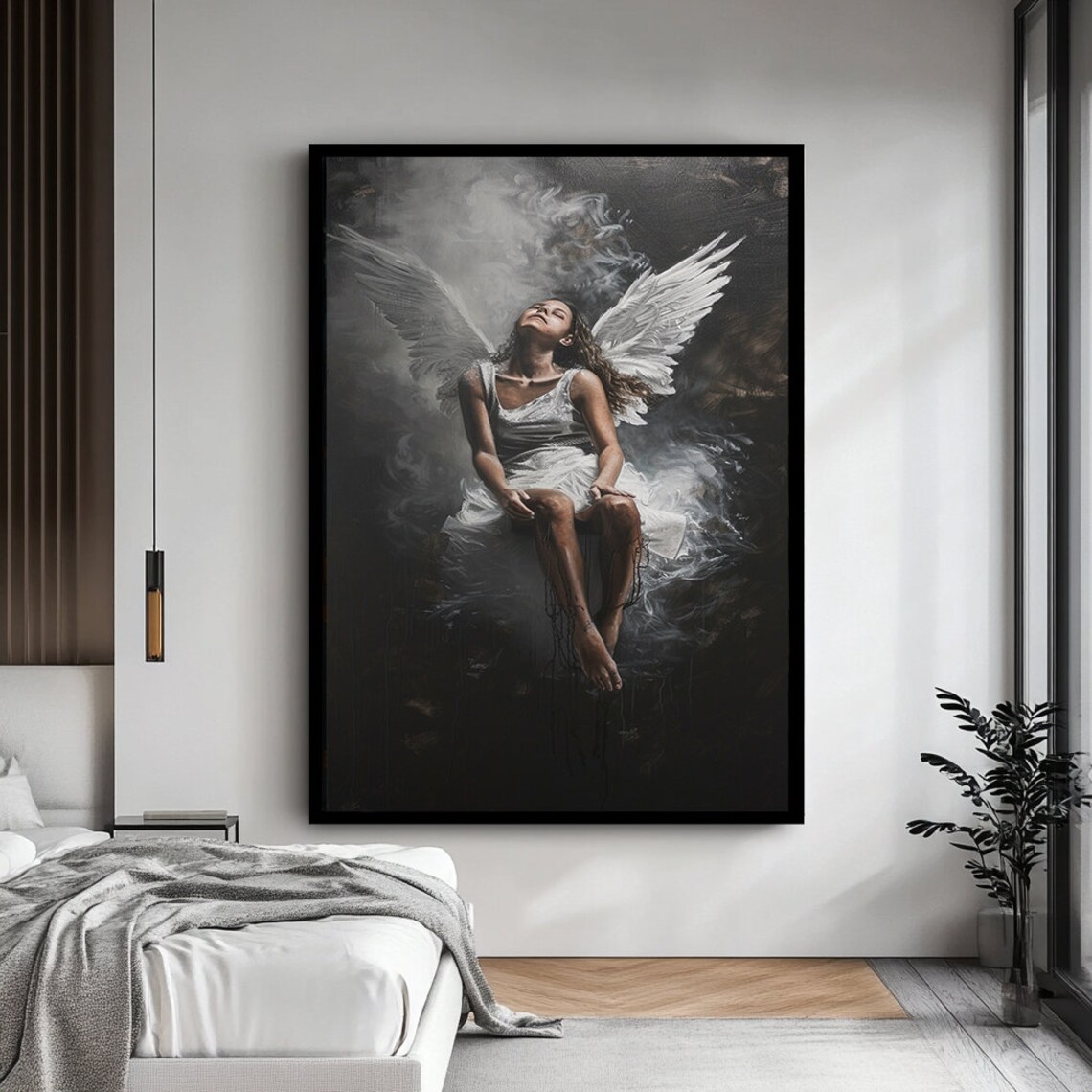 Winged Woman Floating In Dark Smoke White Dress Fantasy Ethereal Art Poster - Image 4