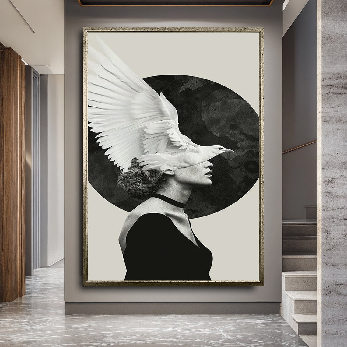Woman White Dove Bird Over Face Surreal Black White Art Poster - Image 2