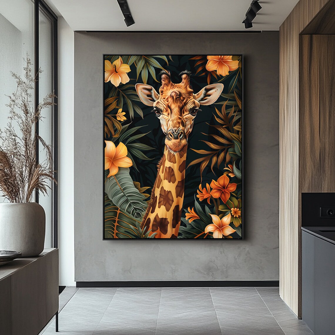 Giraffe Tropical Flowers Dark Jungle Portrait Animal Art Poster - Image 4