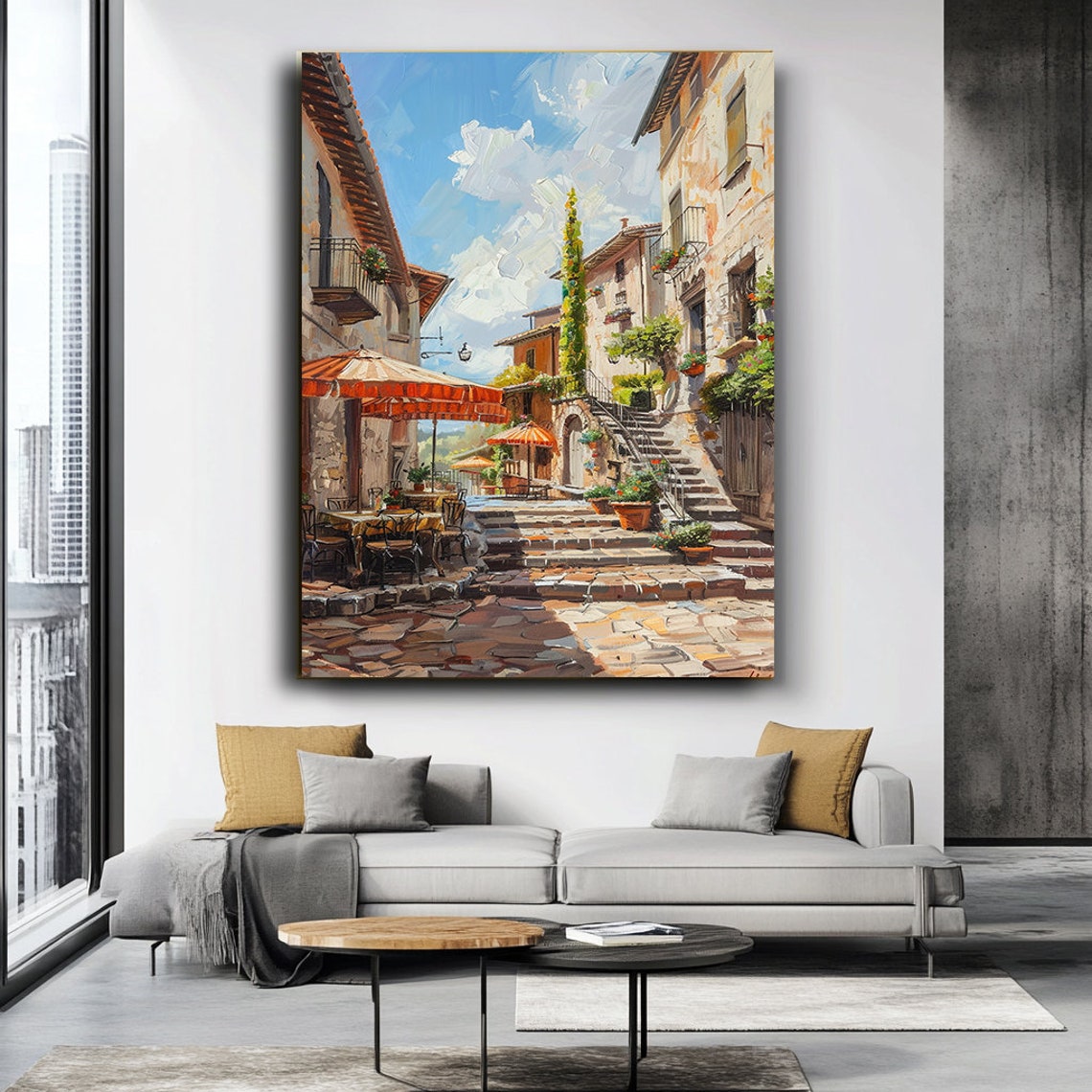 Italian Old Town Street Stone Steps Cafe Umbrellas Travel Poster - Image 3