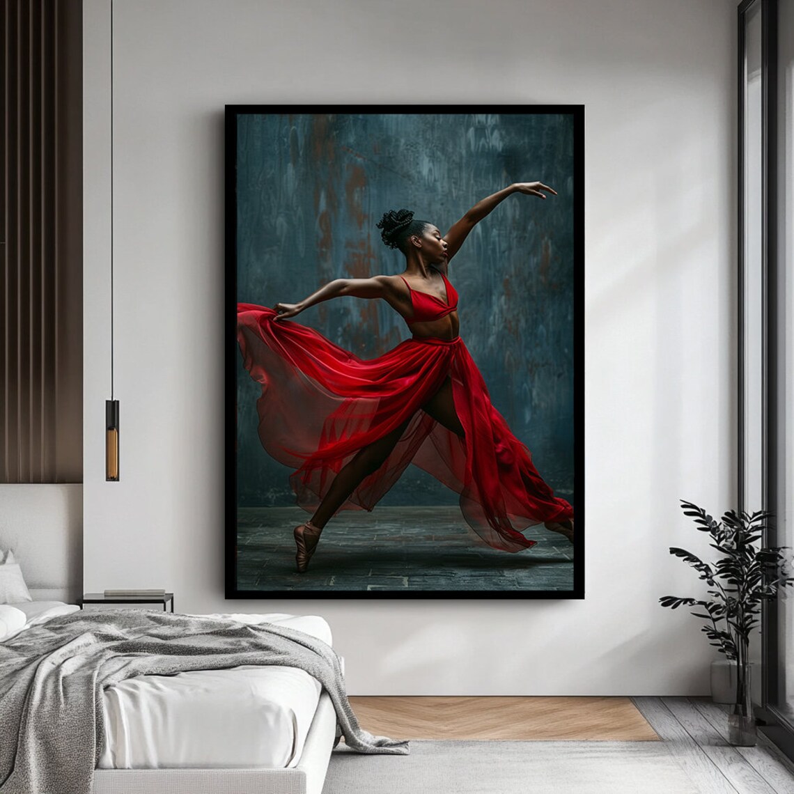 African Dancer Flowing Red Dress Moody Teal Backdrop Wall Art - Image 4