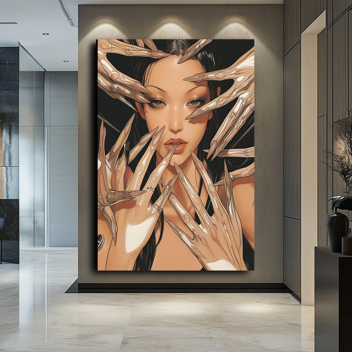 Surreal Anime Woman Face Surrounded By Glossy Elongated Hands Poster - Image 4