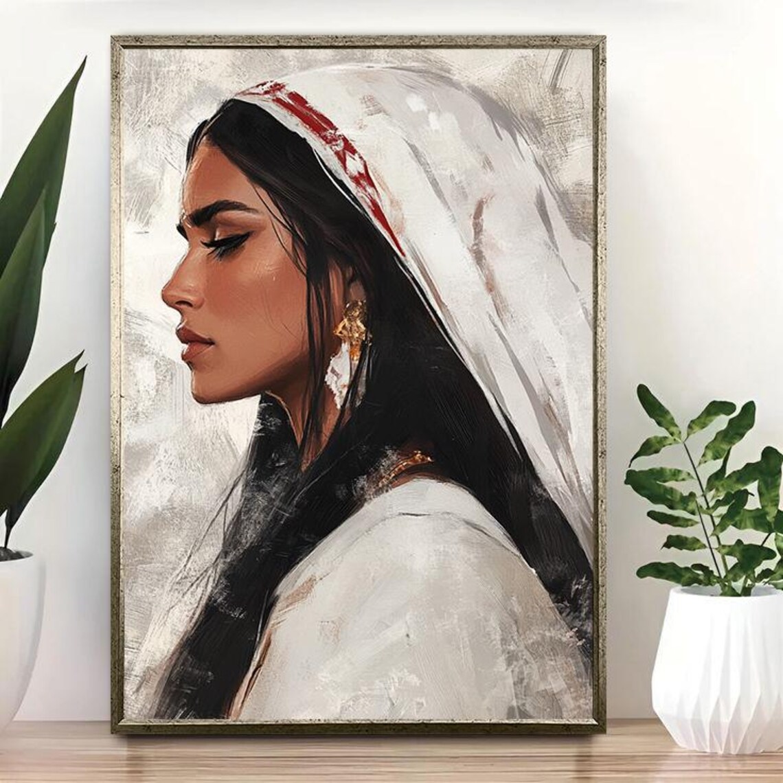Woman in Traditional White Attire Timeless Cultural Portrait Gold Wall Art - Image 4