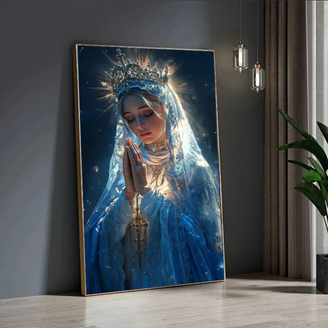 Virgin Mary Praying Crowned Blue Veil Glowing Halo Religious Art Poster - Image 4
