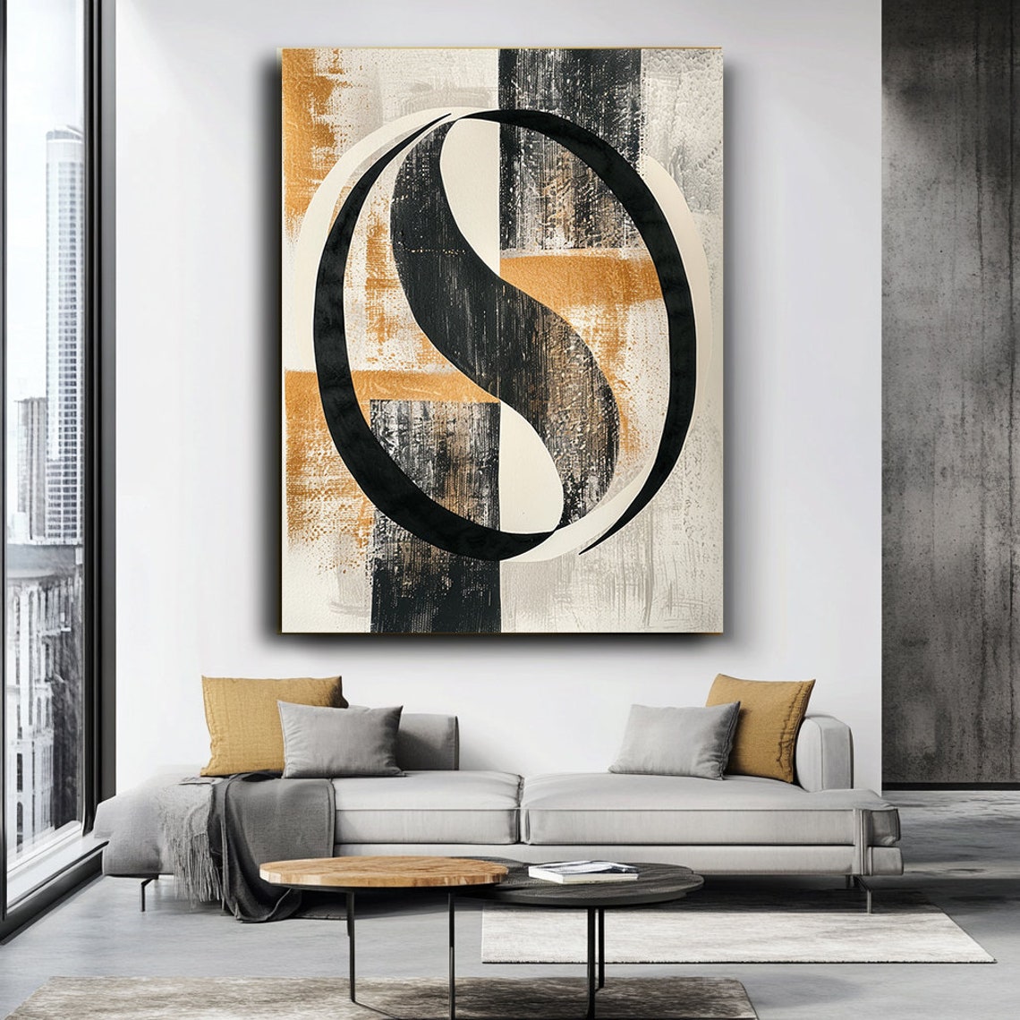 Black And Gold Interlocked Curves Abstract Brushstroke Wall Art - Image 3