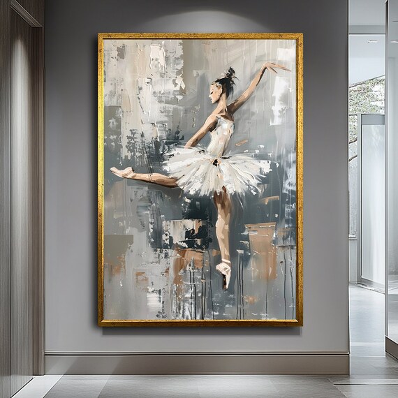 Elegant Ballerina White Tutu Arabesque Pose Gray Abstract Ballet Art Poster