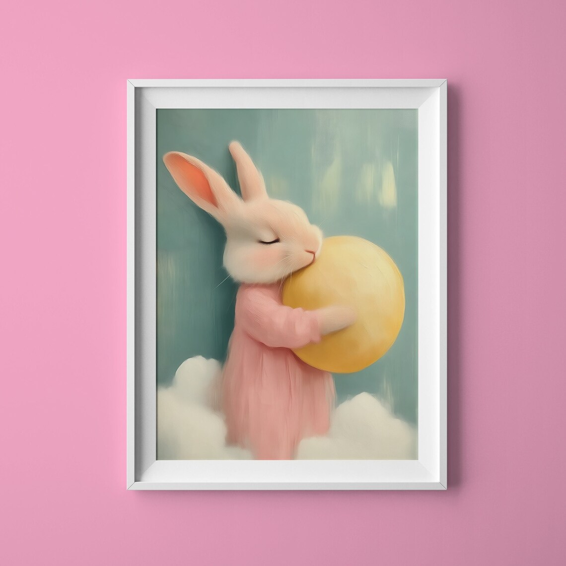 Cute White Bunny Hugging Yellow Ball Soft Pastel Nursery Art Poster