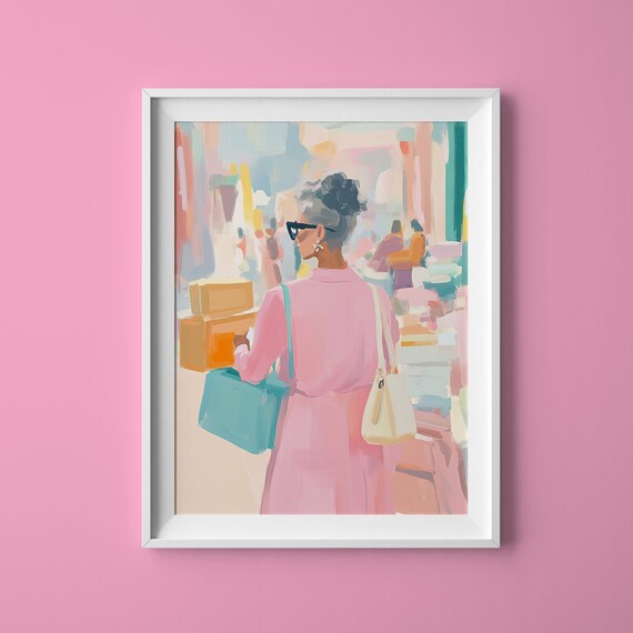 Elegant Woman Shopping in Pink Pastel City Fashion Art Poster