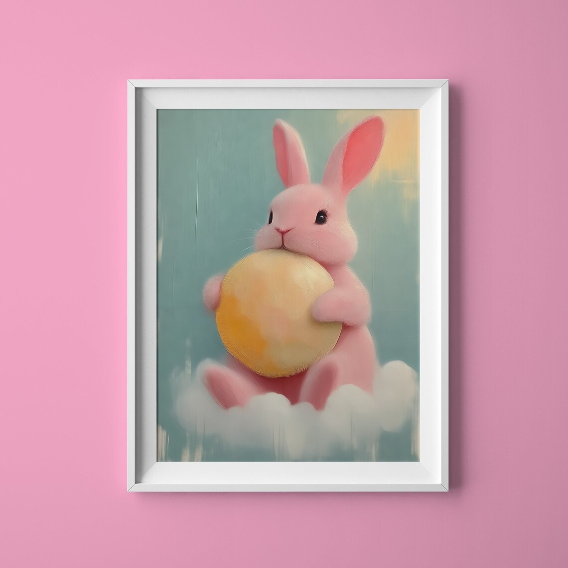 Cute Pink Bunny Holding Golden Egg Soft Pastel Nursery Art Poster
