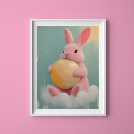 Cute Pink Bunny Holding Golden Egg Soft Pastel Nursery Art Poster