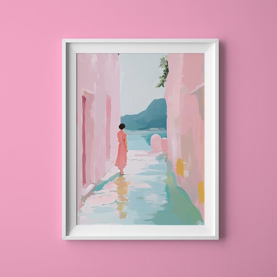 Woman Walking Pink Alley Toward the Sea Coastal Travel Poster