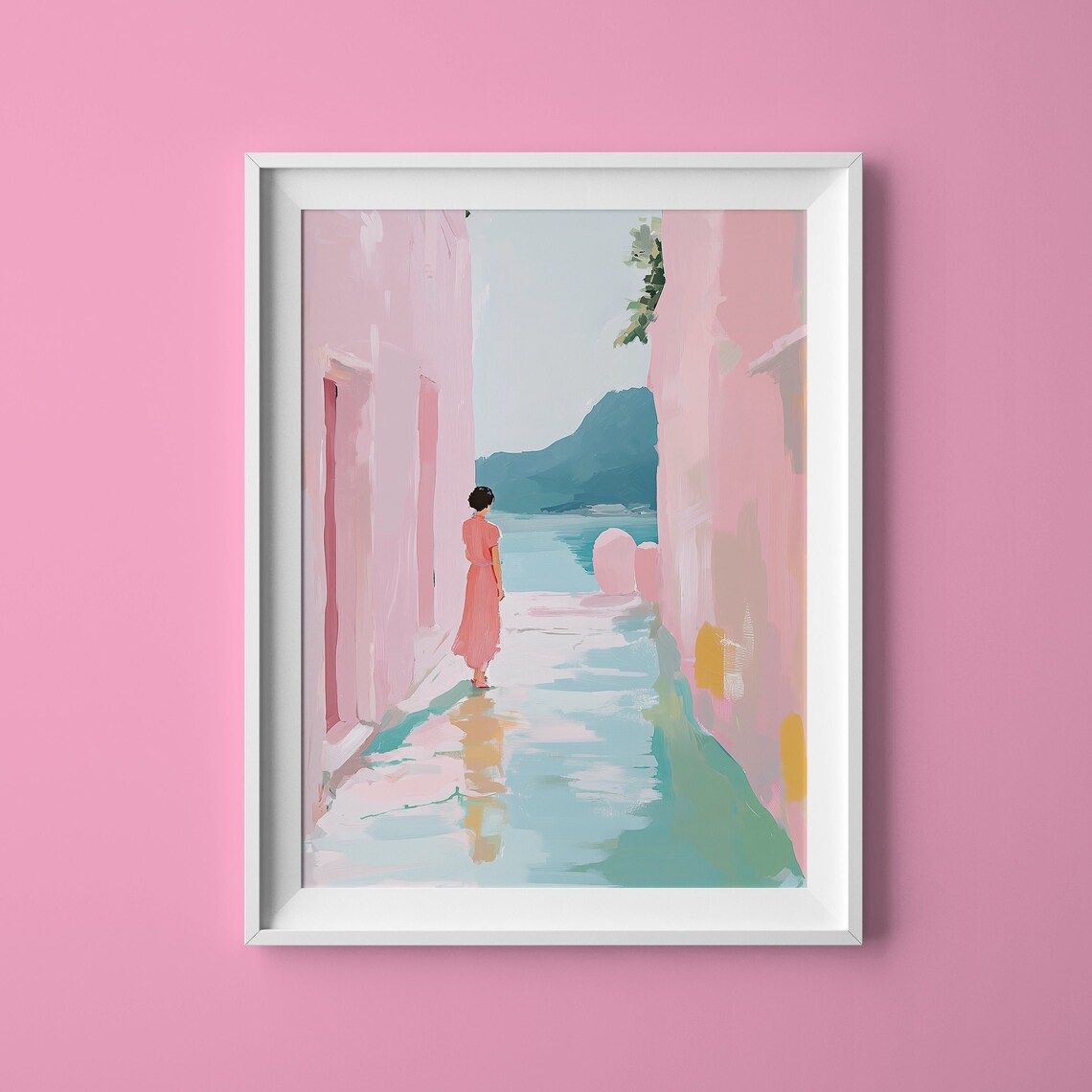 Woman Walking Pink Alley Toward the Sea Coastal Travel Poster