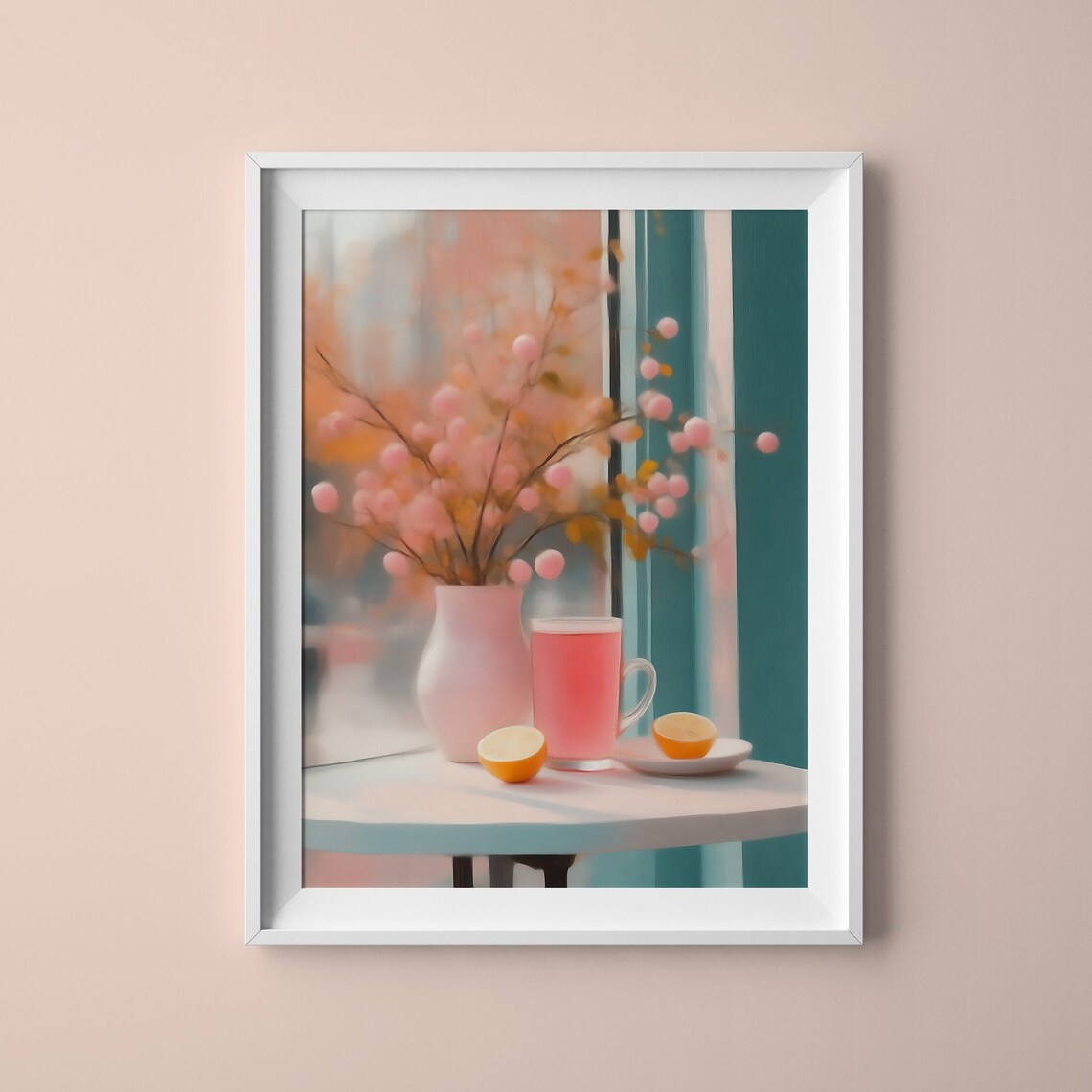 Pink Floral Tea with Citrus and Blossoms Spring Kitchen Art Poster Print