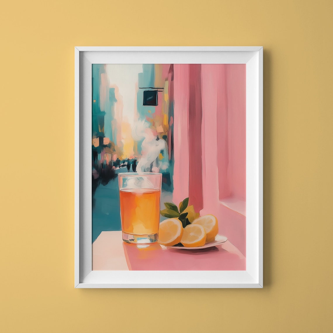 Steaming Hot Lemon Tea by the Window Pastel Drink Art Kitchen Poster