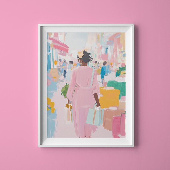Woman Shopping with Bags Pastel City Street Scene Art Poster