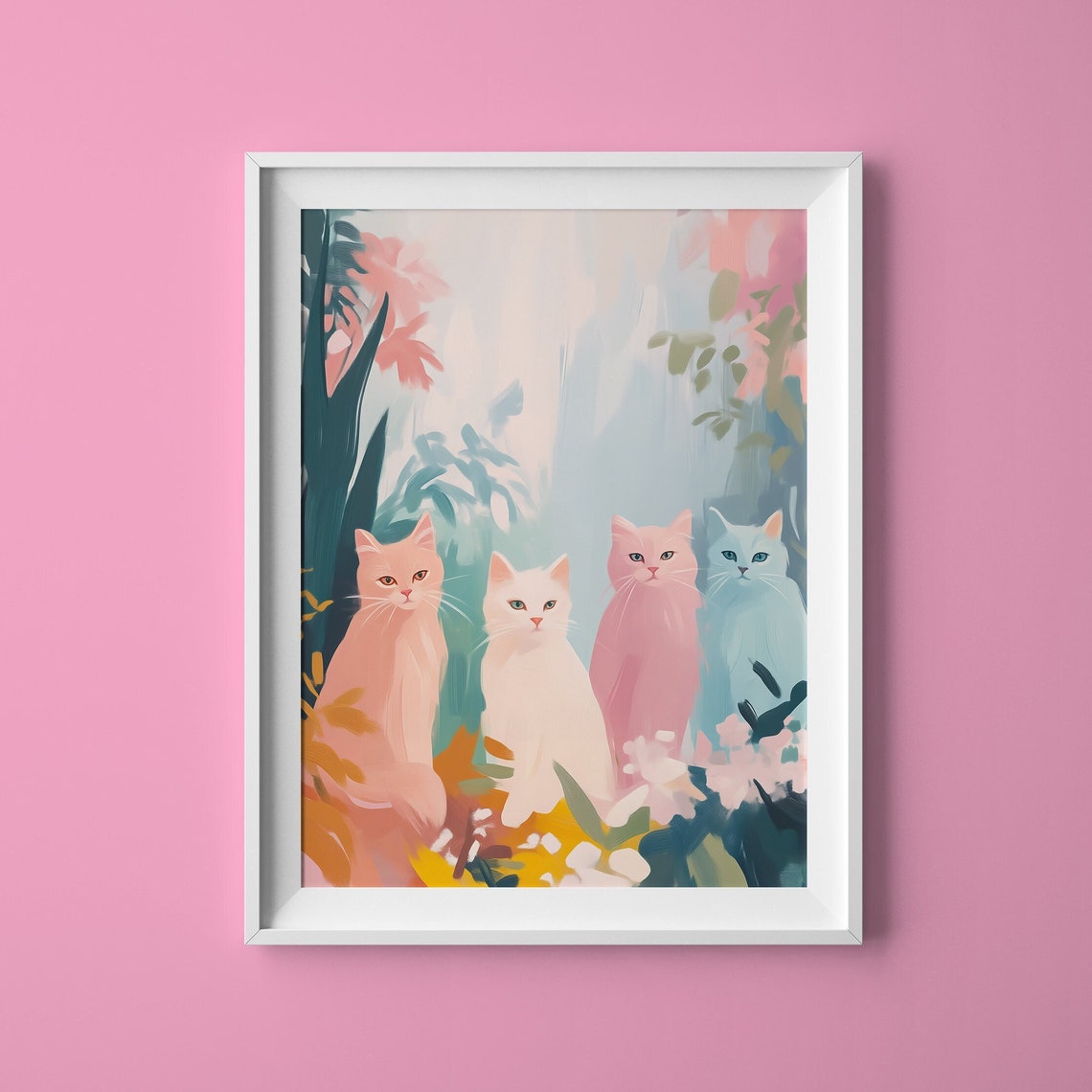 Four Pastel Cats in a Garden Cute Colorful Cat Wall Art Print Poster