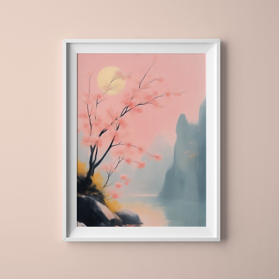 Cherry Blossom Lake with Pink Moon Misty Mountain Landscape Art Poster