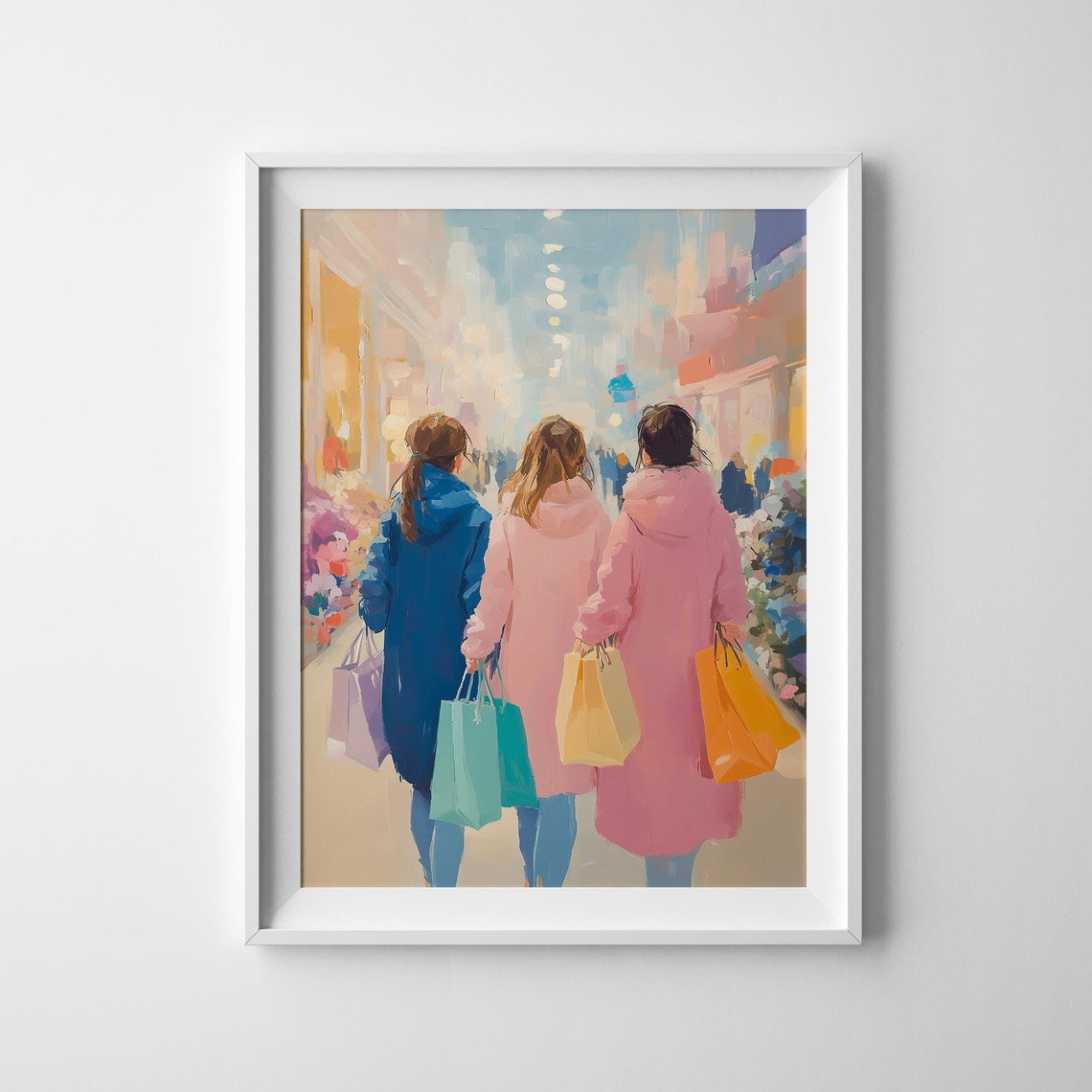Women In A Shopping Mall Print Watercolor Women Print Shopping Bags Art Shopping Scene Art Women Shopping Wall Art Prints