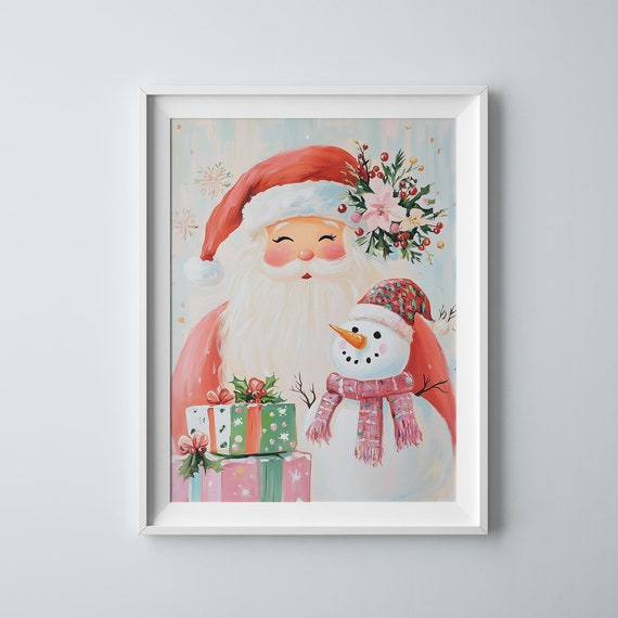 Santa Claus Snowman Art Print Jolly Christmas Art Whimsical Santa Art Snowman Illustration Merry And Bright Art Cute Holiday Print