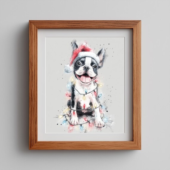 Christmas Pug In Santa Hat, Holiday Dog Art Print
