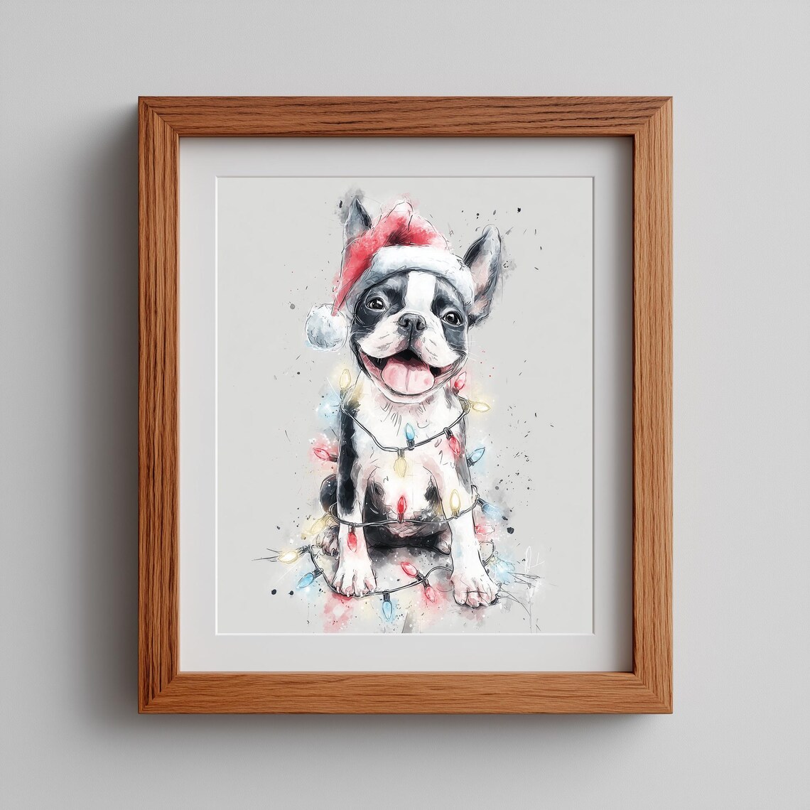 Christmas Pug In Santa Hat, Holiday Dog Art Print