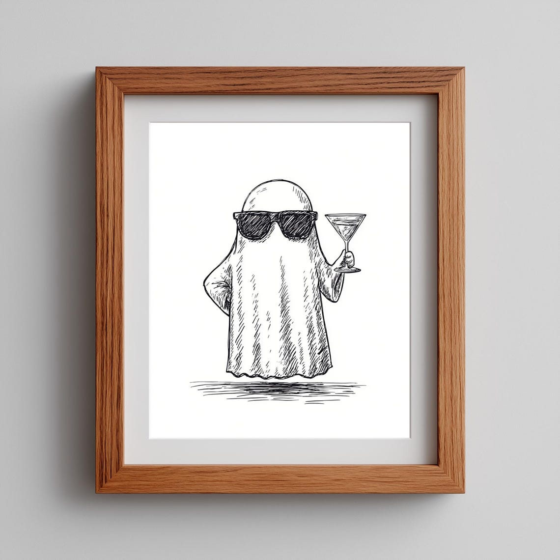 Funny Ghost with Sunglasses Holding Martini Cocktail Sketch Art Poster