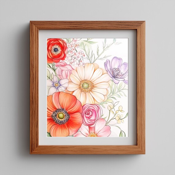 Vintage Poppy Bouquet Wall Art Cottage Garden Flower Painting Warm Botanical Decor Romantic Floral Artwork 97