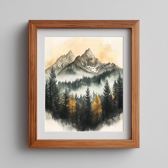 Rustic Misty Mountain Forest Golden Watercolor Pine Landscape Poster