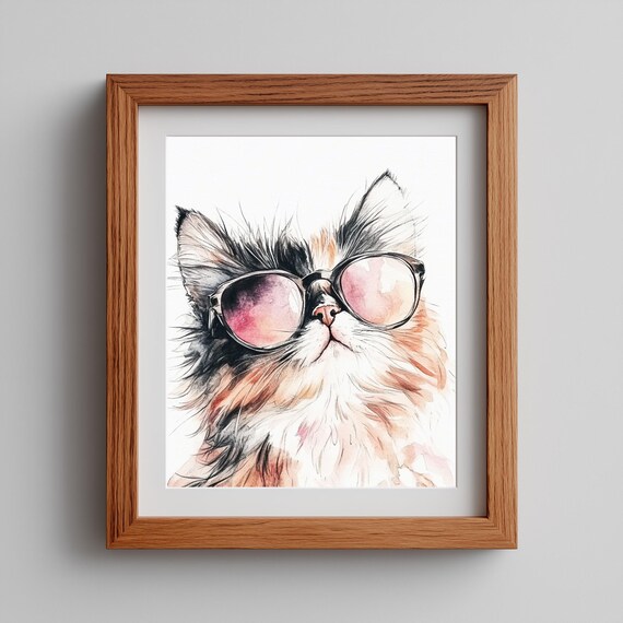 Funny Cat With Glasses Wall Art Whimsical Kitty Portrait Painting Cool Pet Lover Decor Animal 236