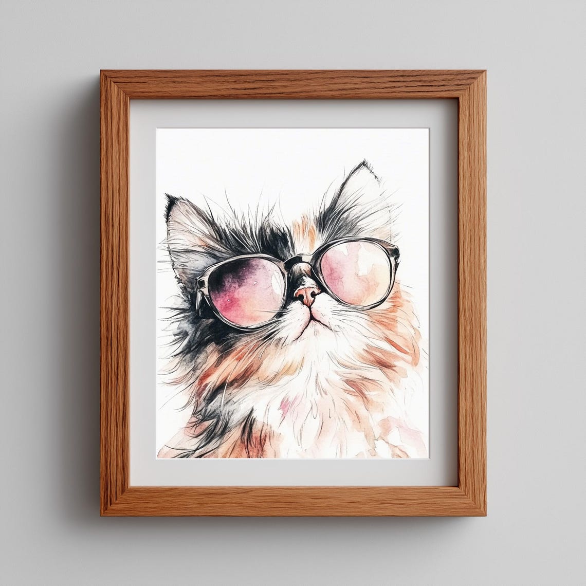 Funny Cat With Glasses Watercolor Whimsical Kitty Portrait Pet Wall Art