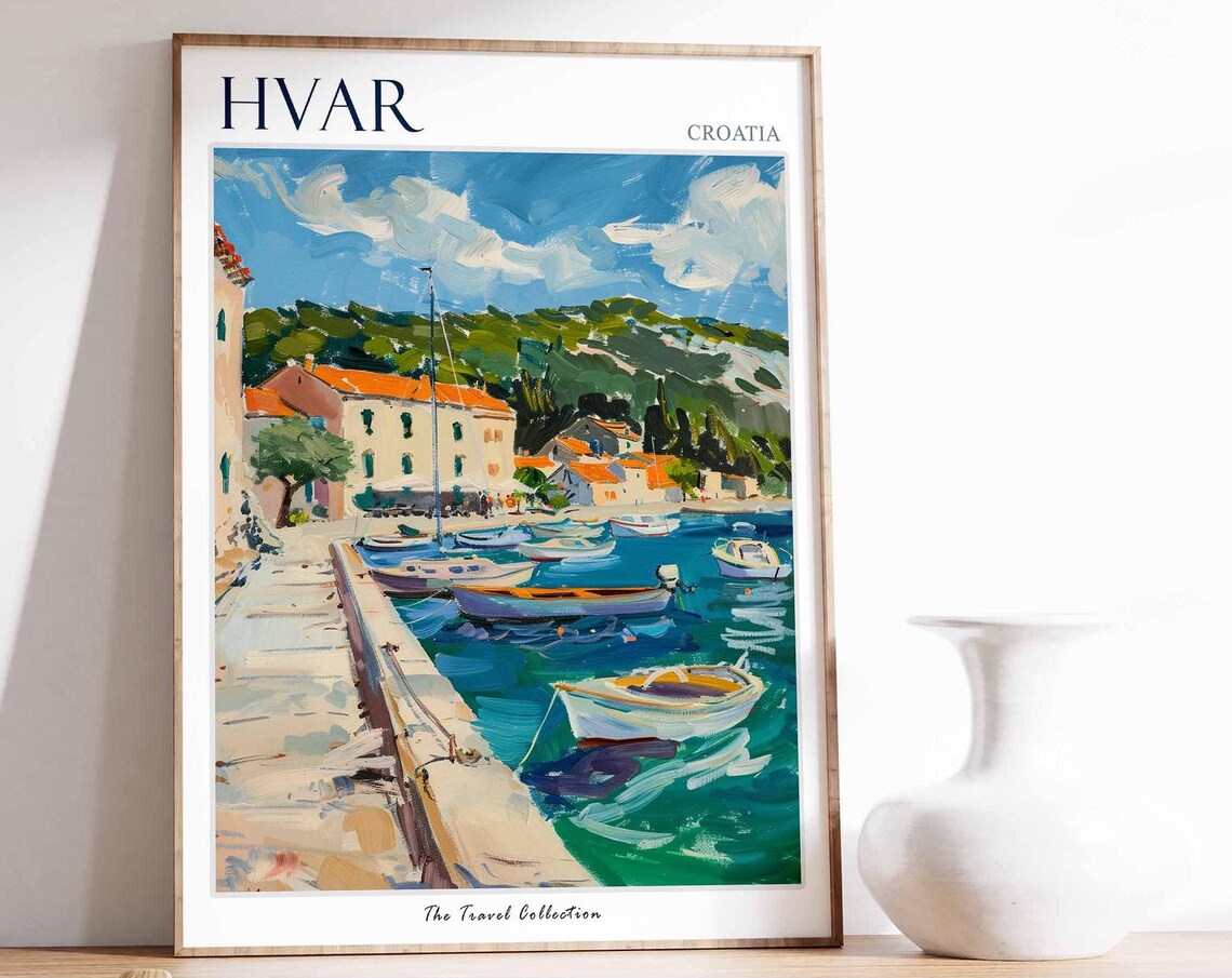 Hvar Croatia Harbor Boats Waterfront Island Town Travel Poster