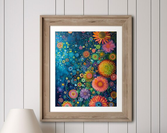 Whimsical Colorful Flower Garden On Deep Teal Floral Art Poster