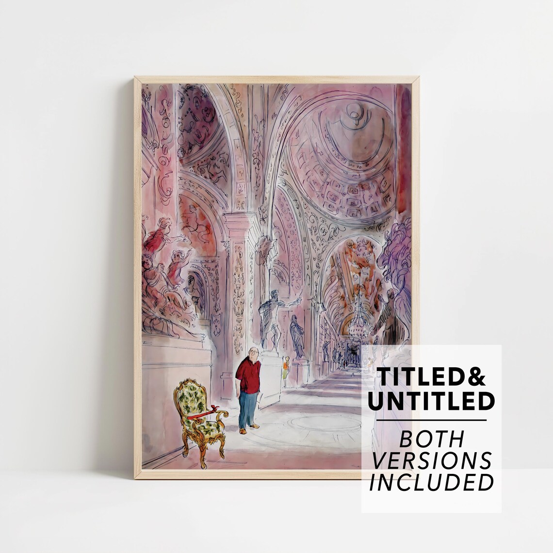 Ornate Palace Hall Pink Watercolor Grand Museum Interior Art Poster