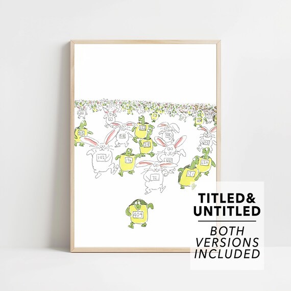 New Yorker Style Playful Tortoise and Hare Race Cartoon Art Poster