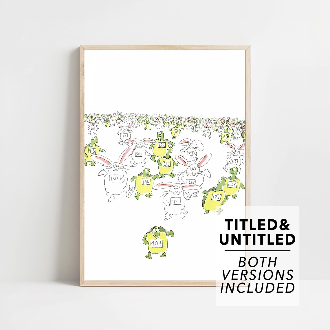 New Yorker Style Playful Tortoise and Hare Race Cartoon Art Poster