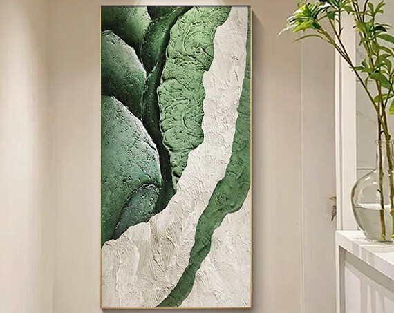 Abstract Green And White Textured Painting Extra Large Vertical Contemporary Hand Painted Art On Custom Creative Gift For Home Decor