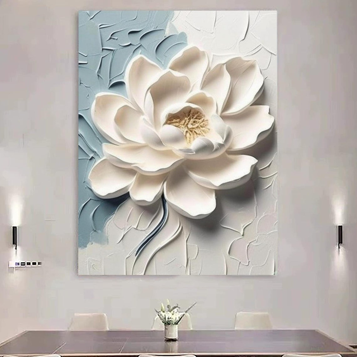 White 3D Bloom Flower Blue Textured Background Floral Art Poster
