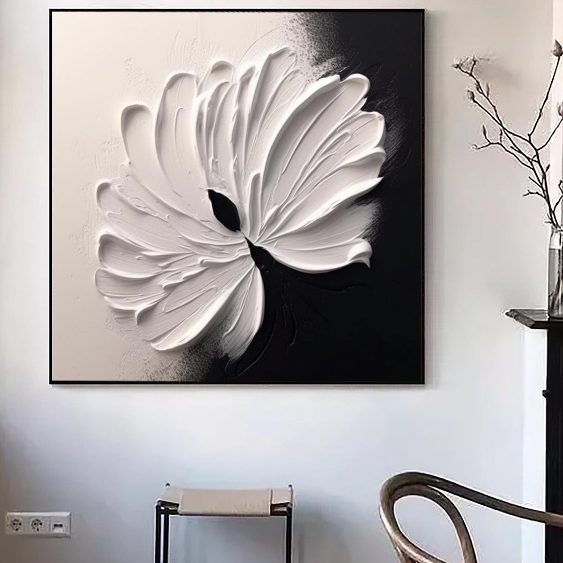 Black White Contrast Flower Relief Minimalist 3D Abstract Poster