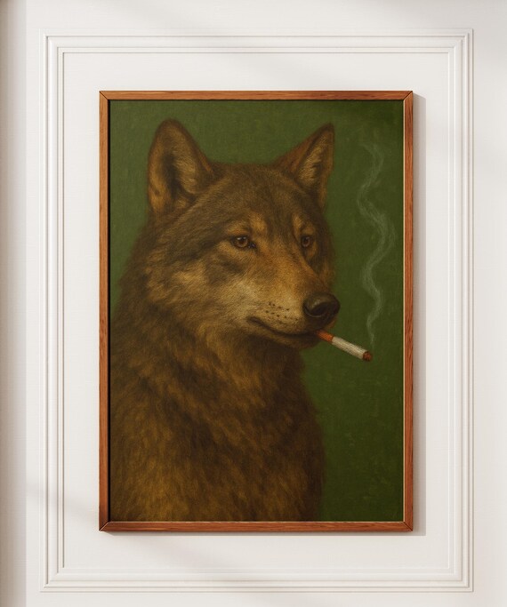 Gray Wolf Smoking a Cigarette on Olive Green Vintage Art Poster