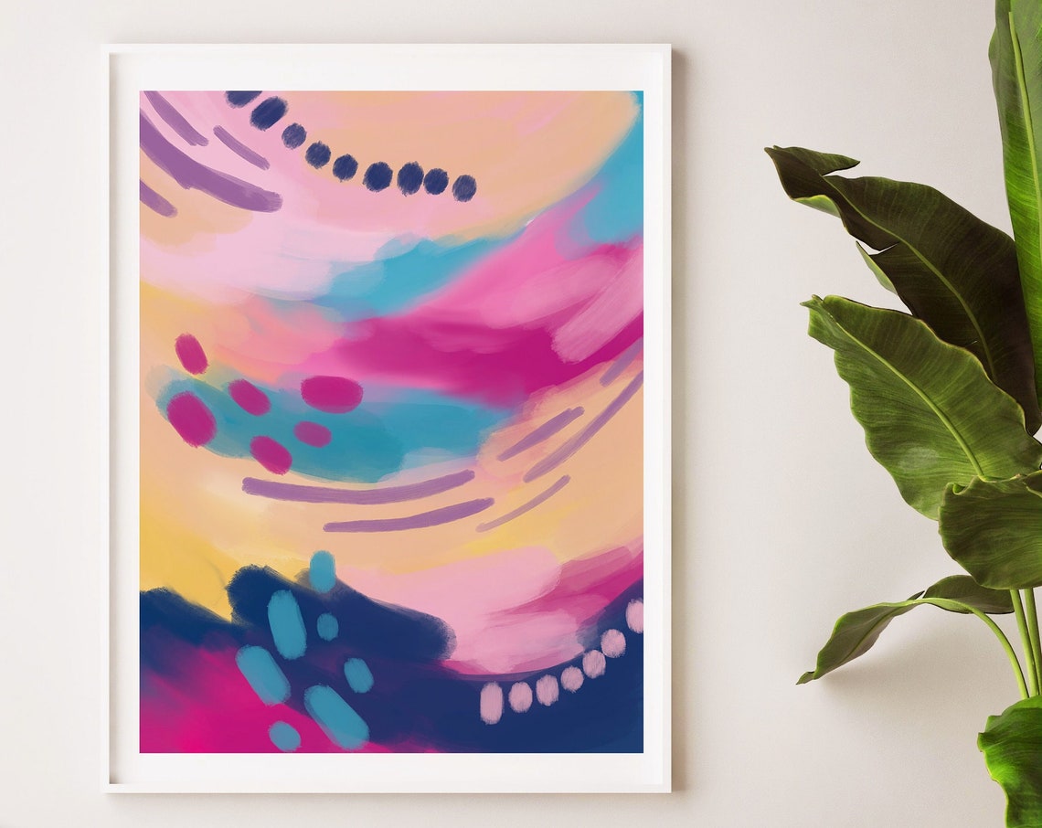 Pink Blue Yellow Waves Colour Flow Modern Abstract Art Poster